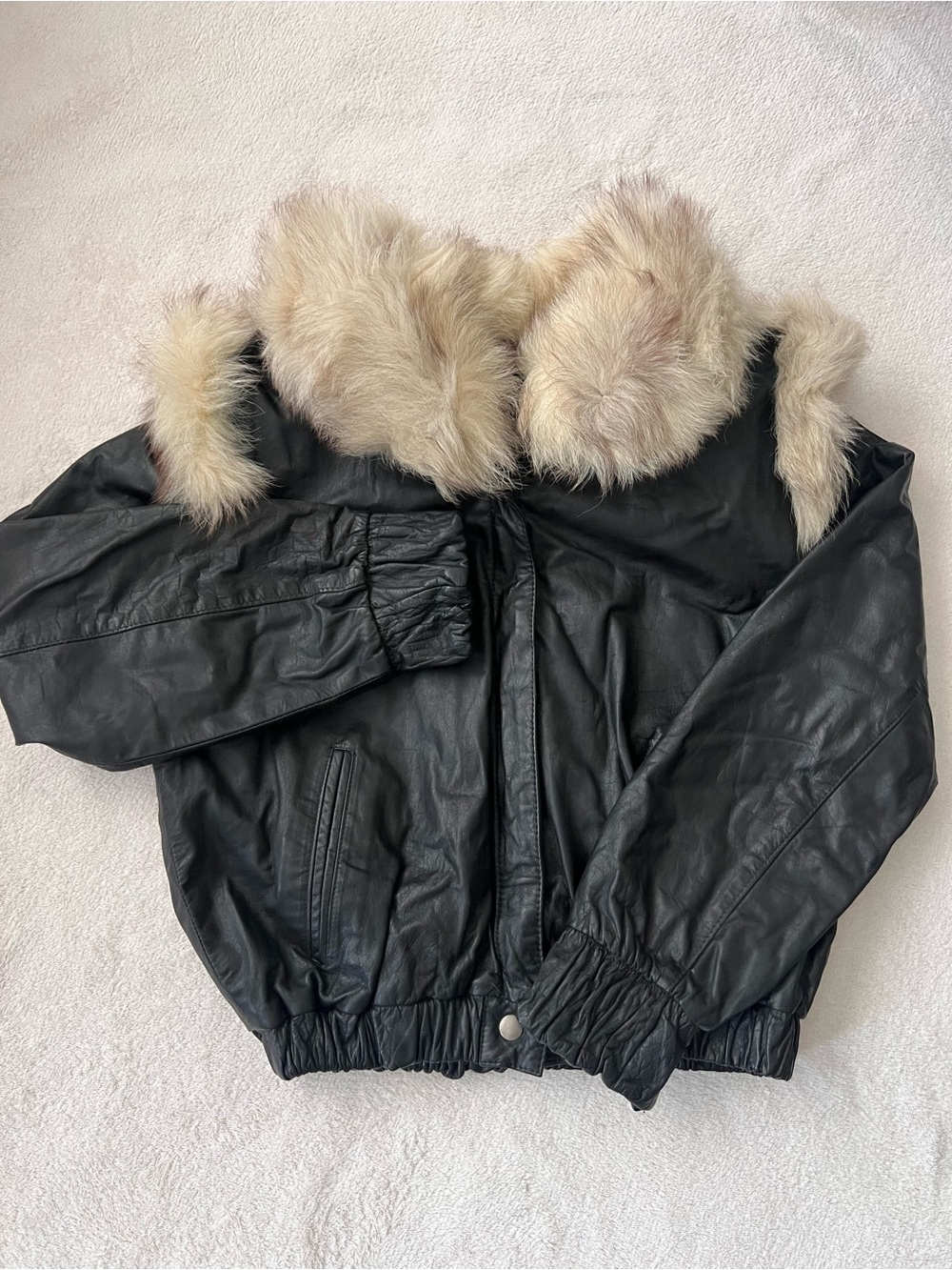 Rare Vintage Women’s Black Leather Bomber Jacket w/ Faux Fur Hod - Marco Morani